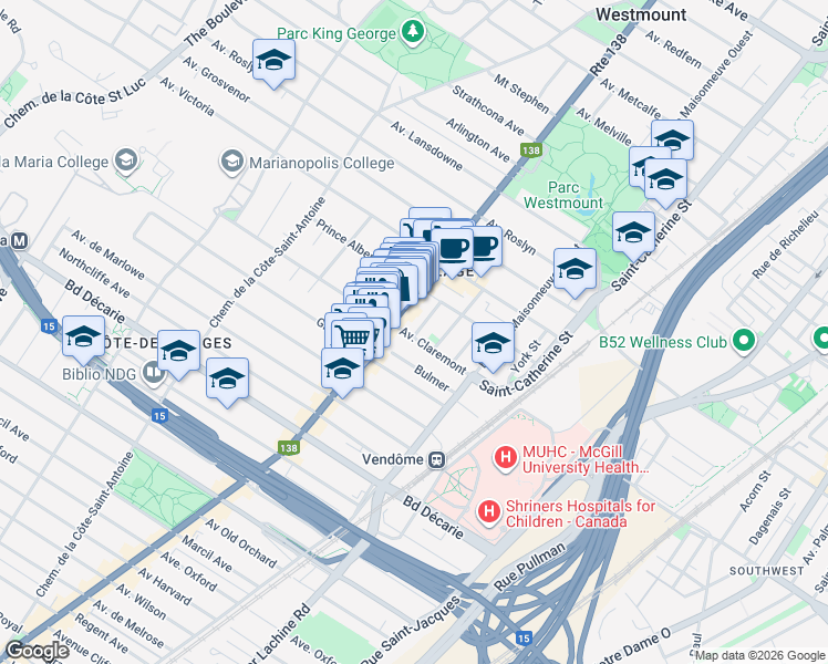 map of restaurants, bars, coffee shops, grocery stores, and more near Avenue Winchester in Westmount