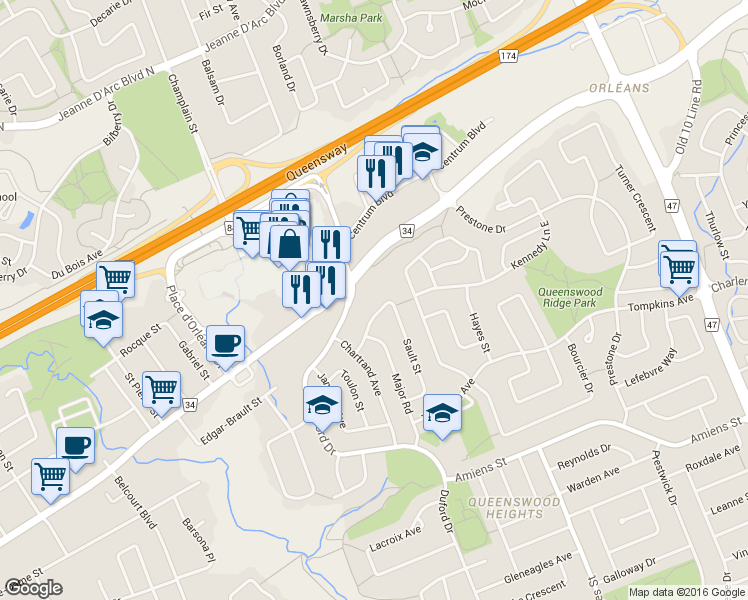 map of restaurants, bars, coffee shops, grocery stores, and more near 241 Kennedy Lane West in Ottawa