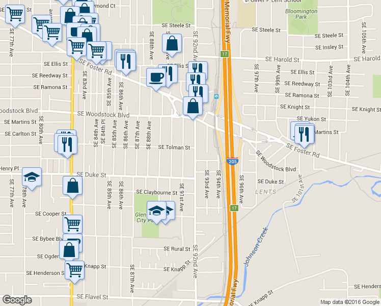 map of restaurants, bars, coffee shops, grocery stores, and more near 6314 Southeast 91st Avenue in Portland