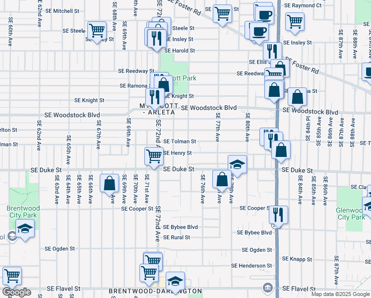map of restaurants, bars, coffee shops, grocery stores, and more near 7317 Southeast Henry Street in Portland