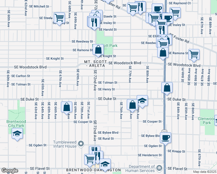 map of restaurants, bars, coffee shops, grocery stores, and more near 7317 Southeast Henry Street in Portland