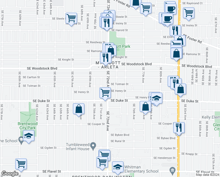 map of restaurants, bars, coffee shops, grocery stores, and more near 7217 Southeast Henry Street in Portland
