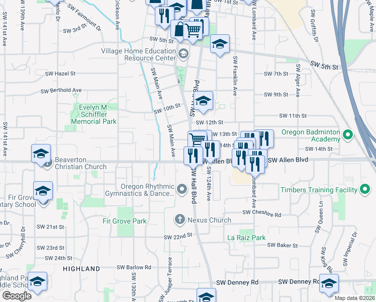 map of restaurants, bars, coffee shops, grocery stores, and more near 12500 Southwest Daly Lane in Beaverton