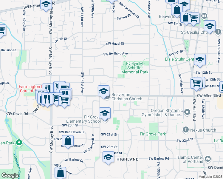 map of restaurants, bars, coffee shops, grocery stores, and more near in Beaverton