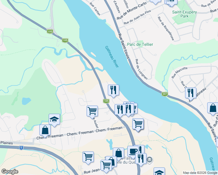 map of restaurants, bars, coffee shops, grocery stores, and more near 39 Rue du Rivage in Gatineau