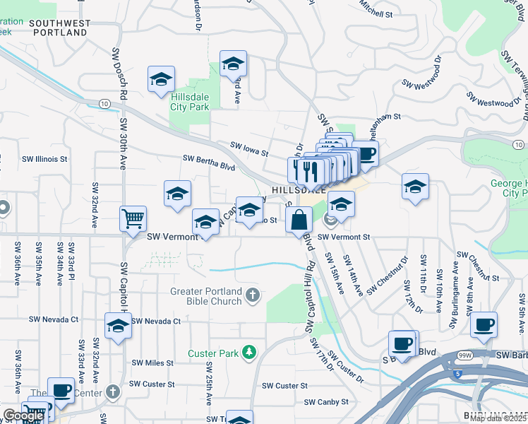 map of restaurants, bars, coffee shops, grocery stores, and more near 6502 Southwest 21st Avenue in Portland