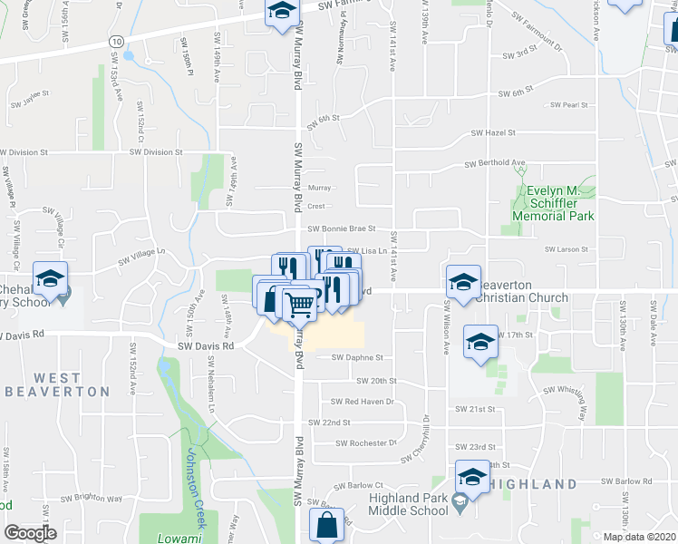 map of restaurants, bars, coffee shops, grocery stores, and more near 14355 Southwest Allen Boulevard in Beaverton
