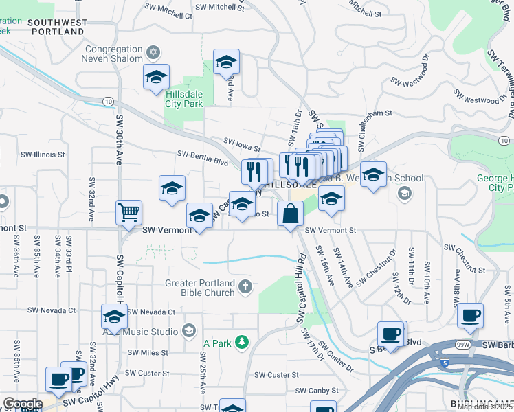 map of restaurants, bars, coffee shops, grocery stores, and more near 6522 Southwest 21st Avenue in Portland