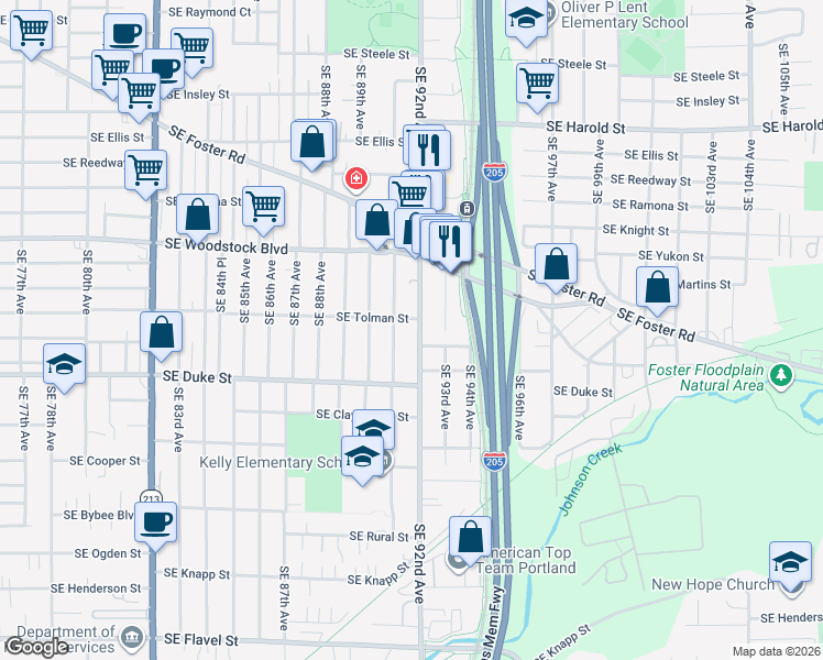 map of restaurants, bars, coffee shops, grocery stores, and more near 6314 Southeast 91st Avenue in Portland