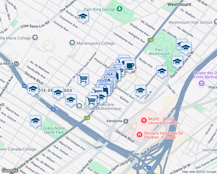 map of restaurants, bars, coffee shops, grocery stores, and more near 5034 Rue Sherbrooke Ouest in Montréal