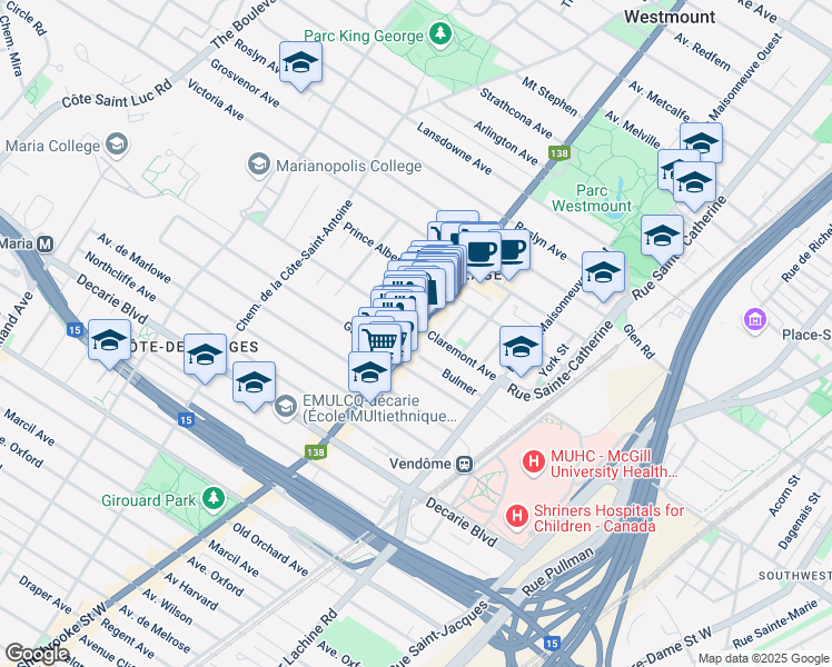 map of restaurants, bars, coffee shops, grocery stores, and more near 4930B Rue Sherbrooke Ouest in Westmount
