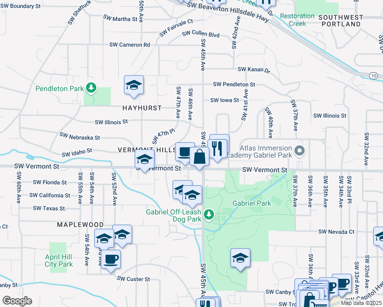 map of restaurants, bars, coffee shops, grocery stores, and more near 4556 Southwest Idaho Drive in Portland