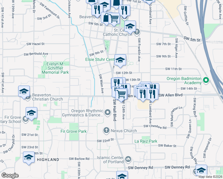 map of restaurants, bars, coffee shops, grocery stores, and more near 12500 Southwest Daly Lane in Beaverton
