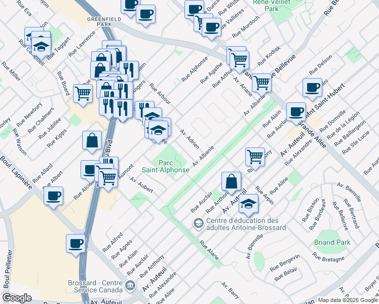 map of restaurants, bars, coffee shops, grocery stores, and more near 2575 Rue Acadie in Brossard