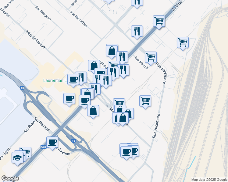 map of restaurants, bars, coffee shops, grocery stores, and more near 7790 Chemin de la Côte-de-Liesse in Montréal