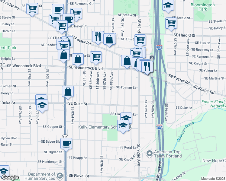 map of restaurants, bars, coffee shops, grocery stores, and more near 6318 Southeast 88th Avenue in Portland