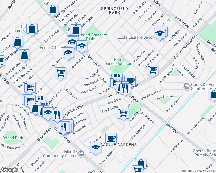 map of restaurants, bars, coffee shops, grocery stores, and more near 5835 Avenue Aubin in Longueuil