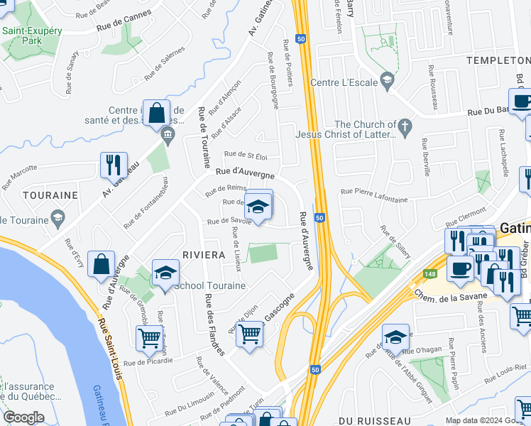map of restaurants, bars, coffee shops, grocery stores, and more near 36 Rue de Dieppe in Gatineau