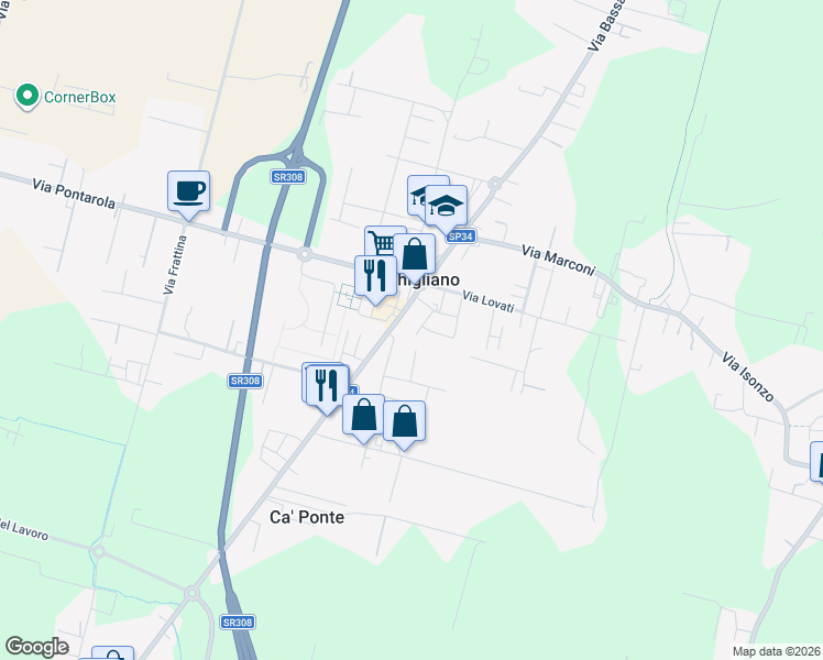 map of restaurants, bars, coffee shops, grocery stores, and more near 4/2 Via Santa Lucia in Reschigliano