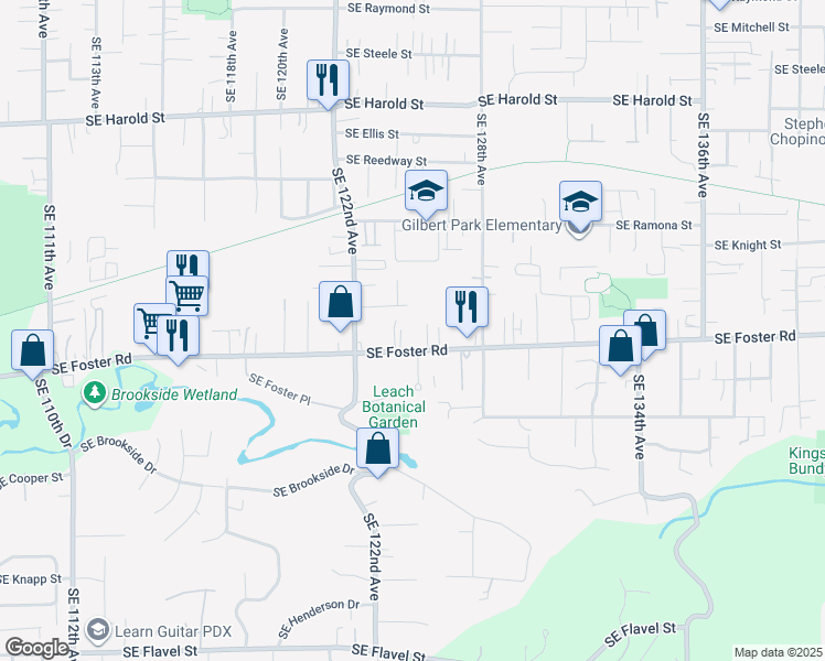 map of restaurants, bars, coffee shops, grocery stores, and more near 12429 Southeast Foster Road in Portland