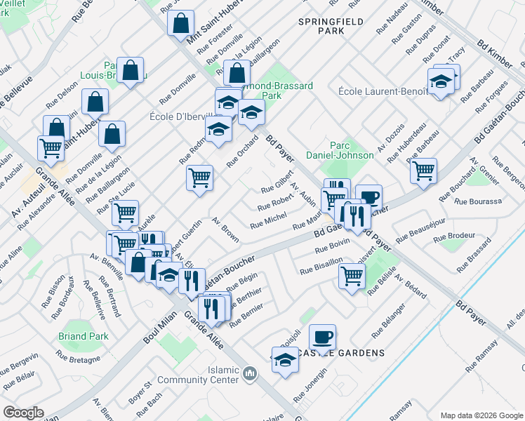 map of restaurants, bars, coffee shops, grocery stores, and more near 5125 Rue Robert in Longueuil