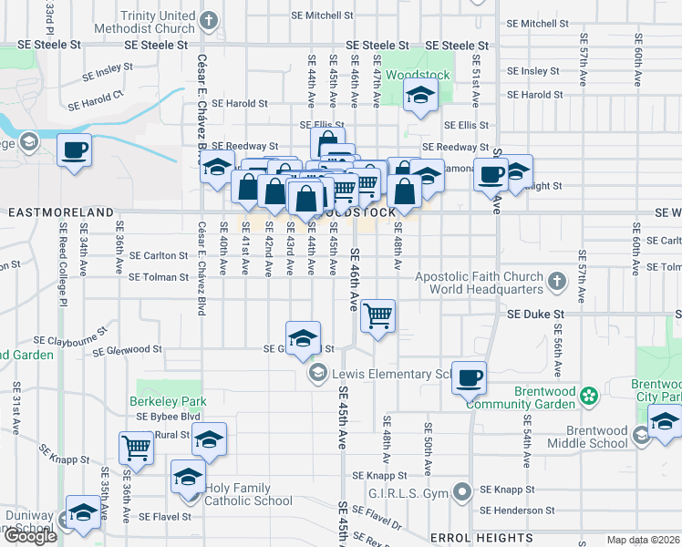 map of restaurants, bars, coffee shops, grocery stores, and more near 6230 Southeast 45th Avenue in Portland