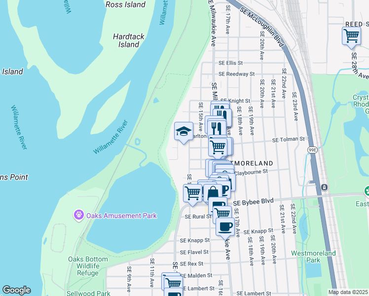 map of restaurants, bars, coffee shops, grocery stores, and more near 6301 Southeast 14th Avenue in Portland