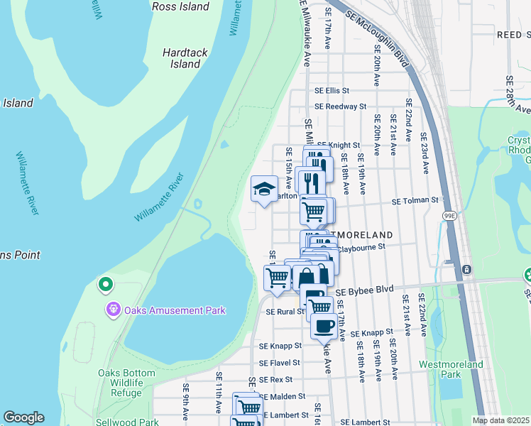 map of restaurants, bars, coffee shops, grocery stores, and more near 6301 Southeast 14th Avenue in Portland