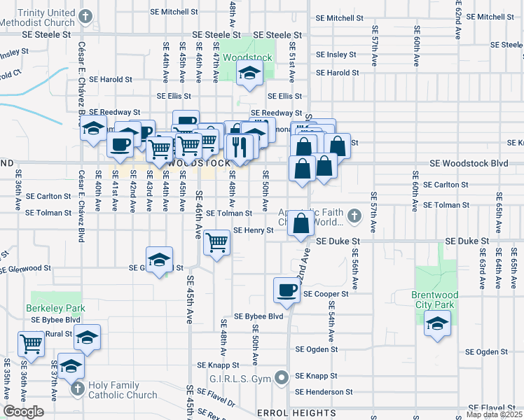 map of restaurants, bars, coffee shops, grocery stores, and more near 6227 Southeast 50th Avenue in Portland