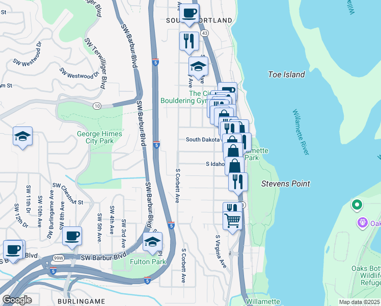 map of restaurants, bars, coffee shops, grocery stores, and more near 240 Southwest Nebraska Street in Portland