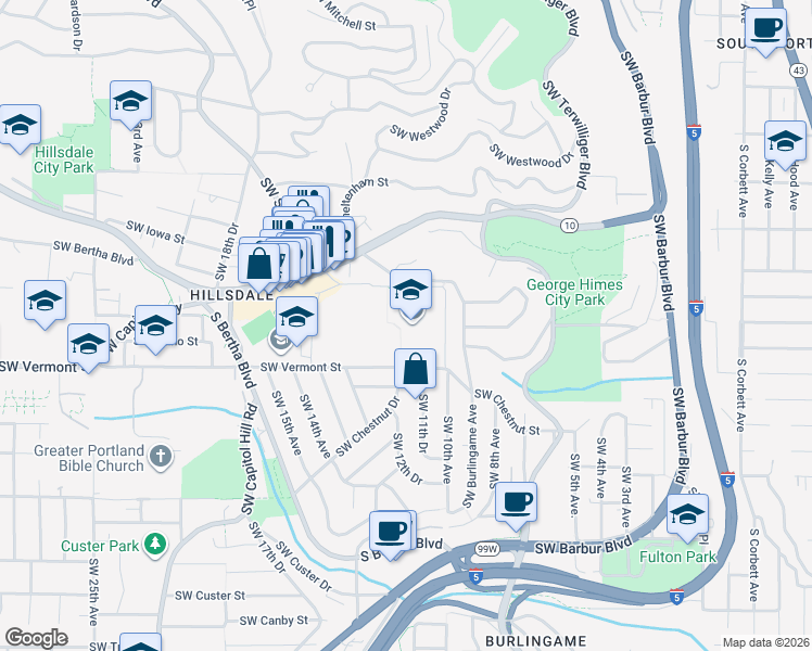 map of restaurants, bars, coffee shops, grocery stores, and more near 1151 Southwest Vermont Street in Portland