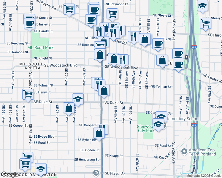 map of restaurants, bars, coffee shops, grocery stores, and more near 6322 Southeast 83rd Avenue in Portland