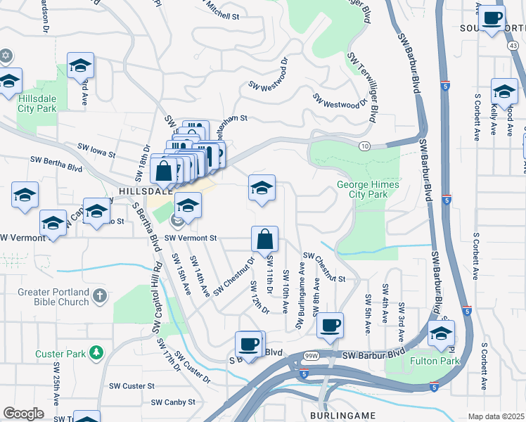 map of restaurants, bars, coffee shops, grocery stores, and more near 1151 Southwest Vermont Street in Portland