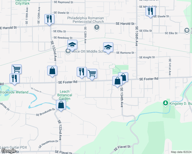 map of restaurants, bars, coffee shops, grocery stores, and more near 12923 Southeast Foster Road in Portland