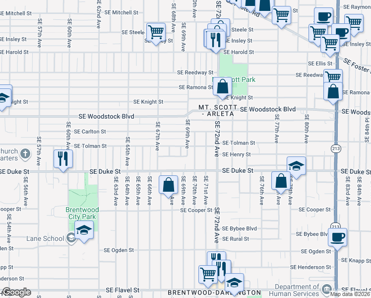 map of restaurants, bars, coffee shops, grocery stores, and more near 6863 Southeast Henry Street in Portland