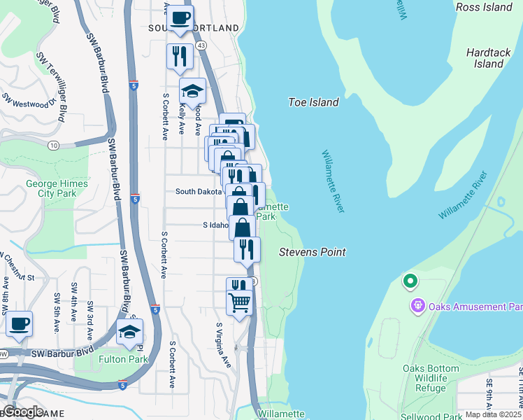 map of restaurants, bars, coffee shops, grocery stores, and more near 6500 Southwest Macadam Avenue in Portland