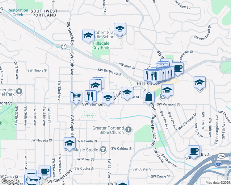 map of restaurants, bars, coffee shops, grocery stores, and more near 6531 Southwest Capitol Highway in Portland