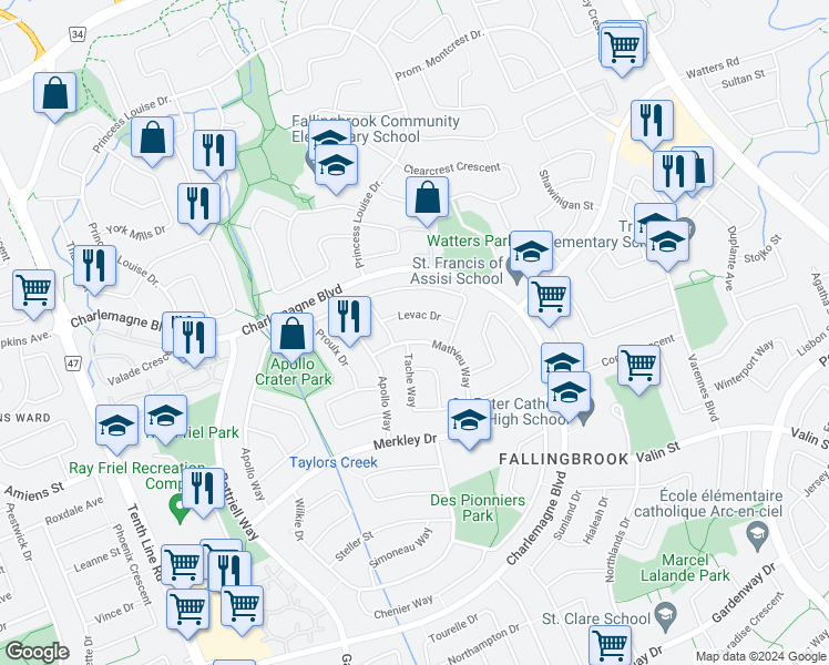 map of restaurants, bars, coffee shops, grocery stores, and more near 677 Mathieu Way in Ottawa