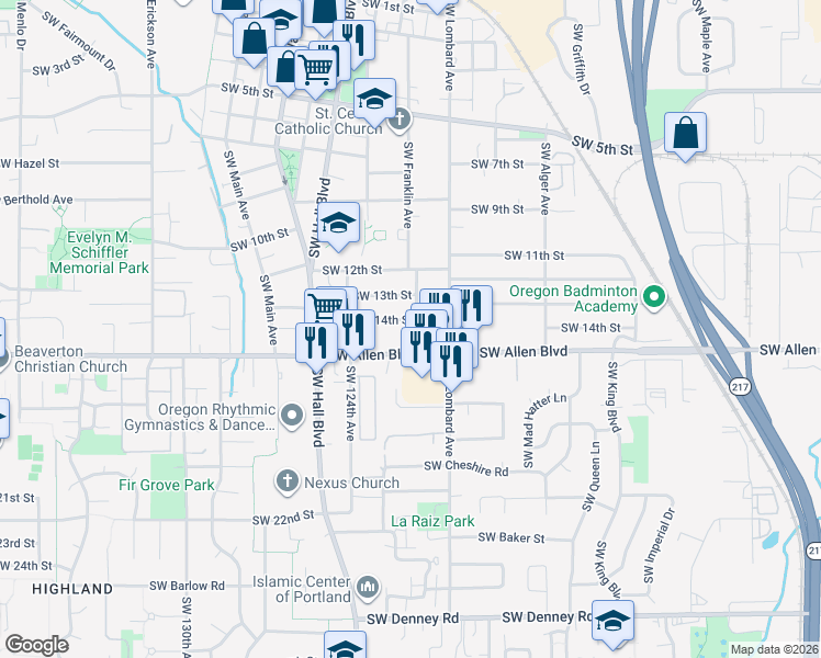map of restaurants, bars, coffee shops, grocery stores, and more near 12195 Southwest Allen Boulevard in Beaverton