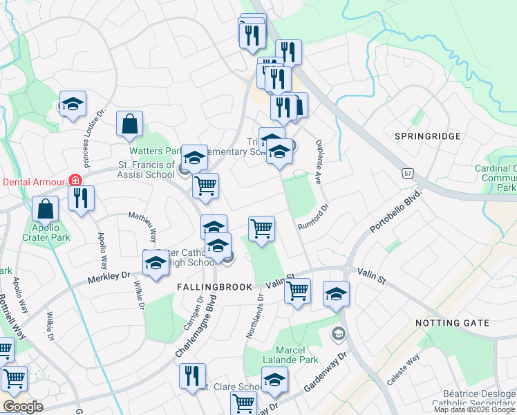 map of restaurants, bars, coffee shops, grocery stores, and more near 1012 Como Crescent in Ottawa