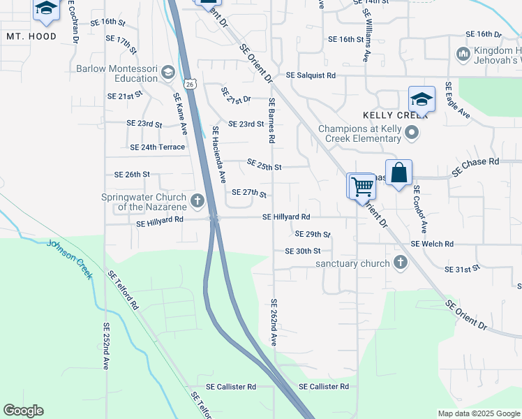 map of restaurants, bars, coffee shops, grocery stores, and more near 3837 Southeast Hillyard Road in Gresham
