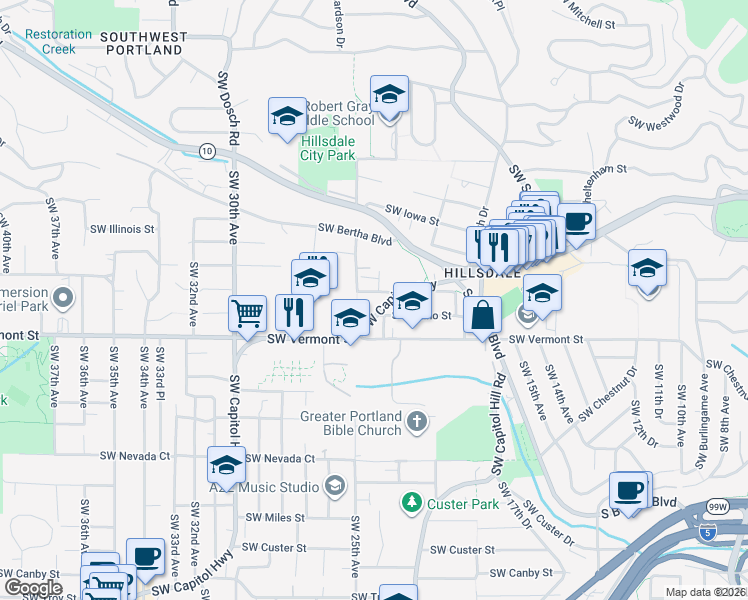 map of restaurants, bars, coffee shops, grocery stores, and more near 2418 Southwest Nebraska Street in Portland