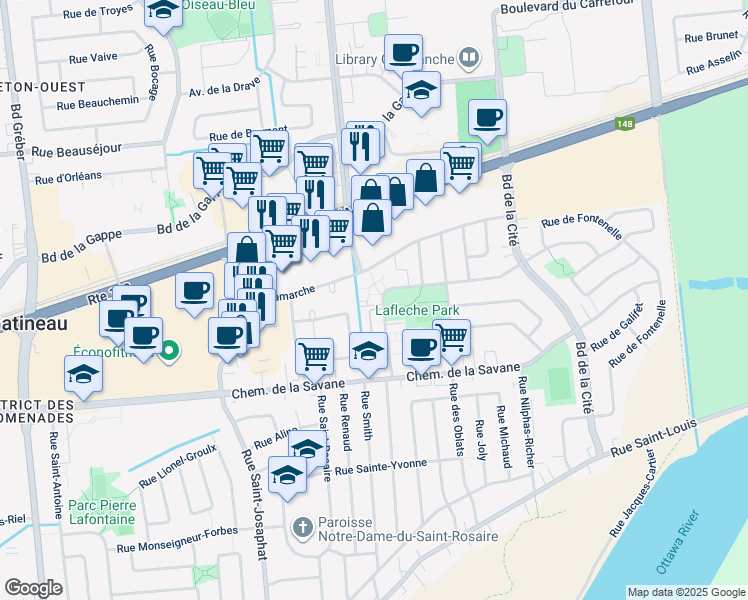 map of restaurants, bars, coffee shops, grocery stores, and more near 134 Rue de Lausanne in Gatineau