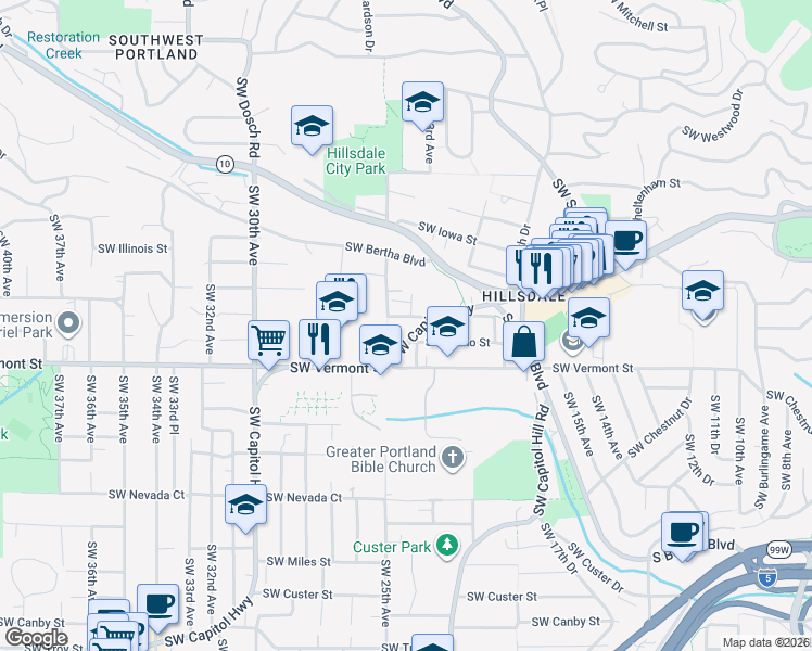 map of restaurants, bars, coffee shops, grocery stores, and more near 6531 Southwest Capitol Highway in Portland