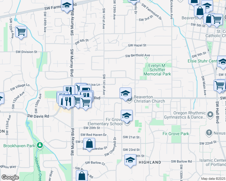 map of restaurants, bars, coffee shops, grocery stores, and more near 13945 Southwest Allen Boulevard in Beaverton