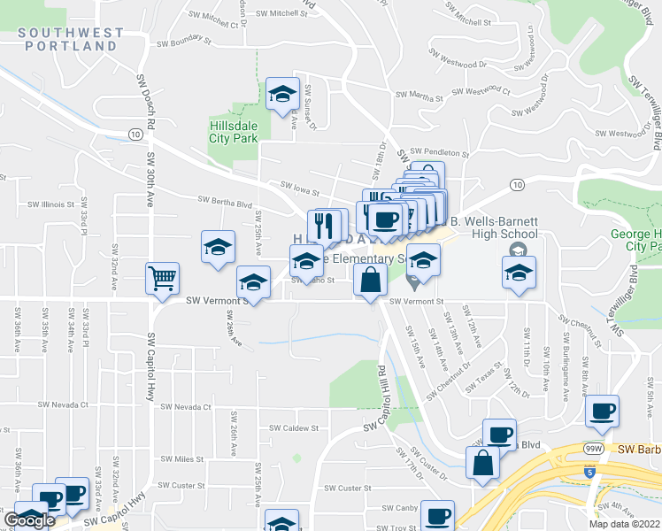 map of restaurants, bars, coffee shops, grocery stores, and more near 6514 Southwest 21st Avenue in Portland
