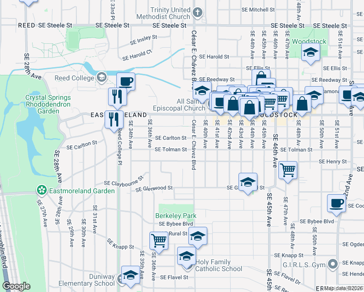 map of restaurants, bars, coffee shops, grocery stores, and more near 3757 Southeast Tolman Street in Portland