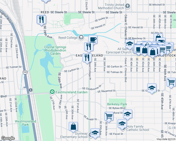 map of restaurants, bars, coffee shops, grocery stores, and more near 6243 Southeast Reed College Place in Portland