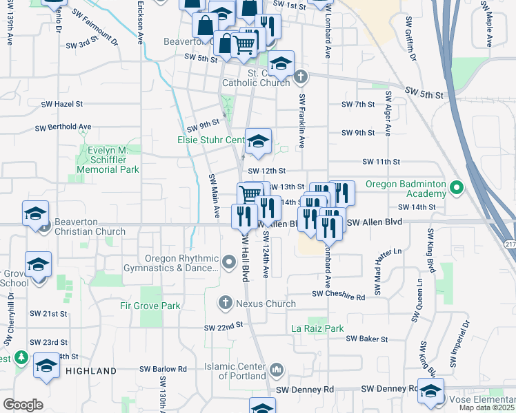 map of restaurants, bars, coffee shops, grocery stores, and more near 5970 Southwest Hall Boulevard in Beaverton