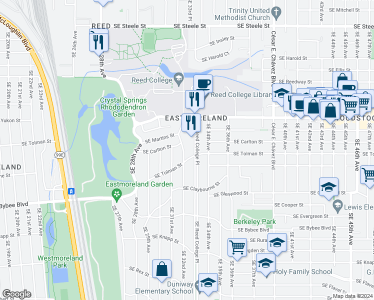 map of restaurants, bars, coffee shops, grocery stores, and more near 6222 Southeast 32nd Avenue in Portland